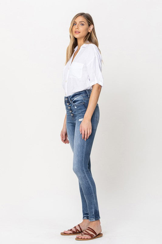 HIGH RISE BUTTON UP ANKLE SKINNY
