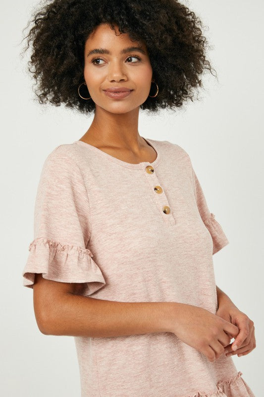 RUFFLE SLEEVE KNIT HENLEY DRESS