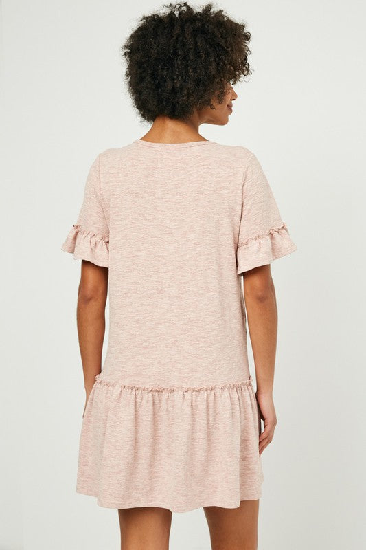 RUFFLE SLEEVE KNIT HENLEY DRESS