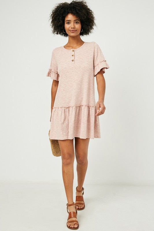 RUFFLE SLEEVE KNIT HENLEY DRESS
