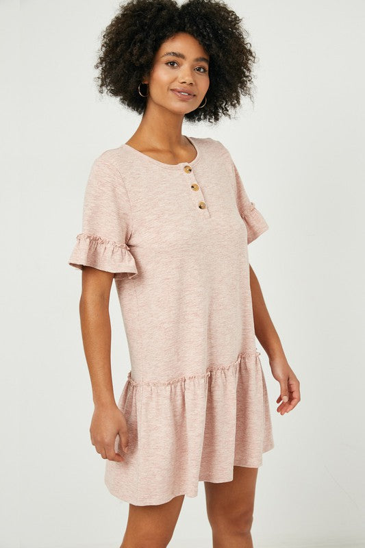 RUFFLE SLEEVE KNIT HENLEY DRESS
