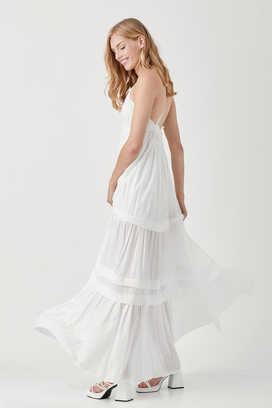 SHIRRED RUFFLE FOLDED DETAIL MAXI DRESS