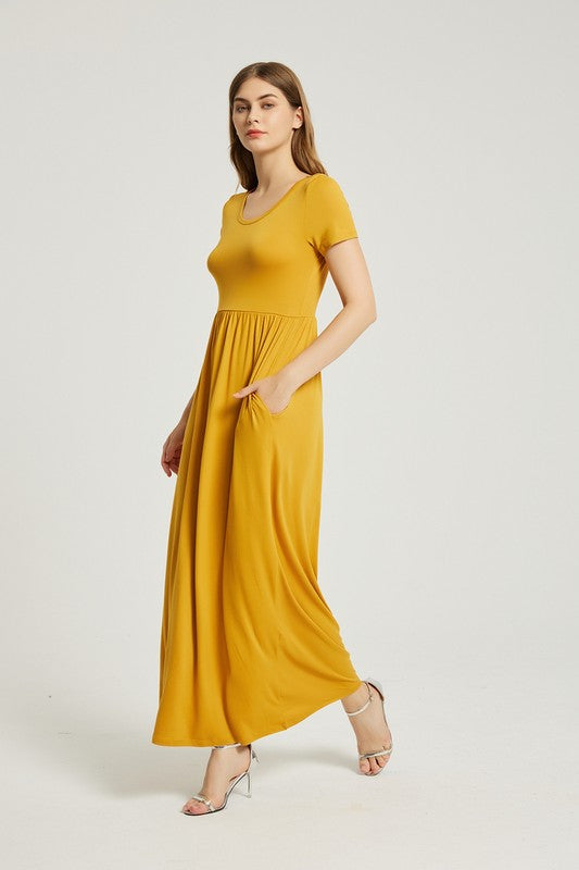 WOMAN'S SUMMER CASUAL MAXI DRESS WITH POCKET-MUSTARD