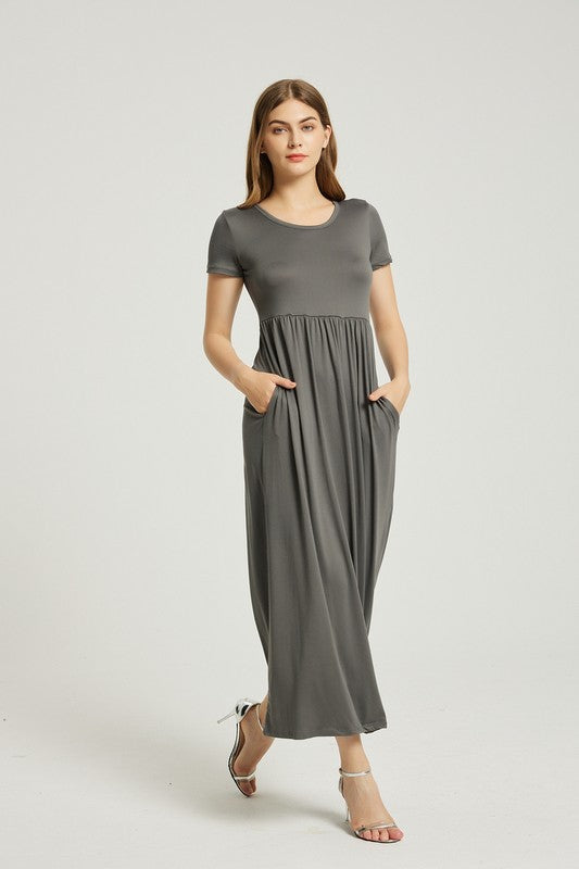 POCKET WOMEN'S SUMMER CASUAL MAXI DRESS WITH POCKET- CHARCOAL