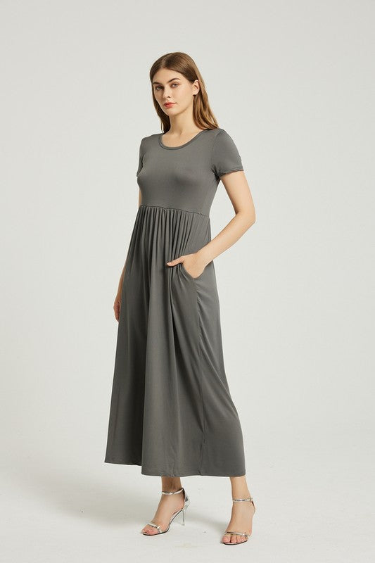 POCKET WOMEN'S SUMMER CASUAL MAXI DRESS WITH POCKET- CHARCOAL