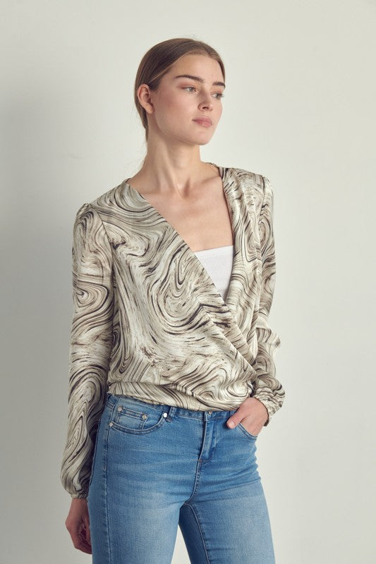 SWIRL PRINT TIE BLOUSE