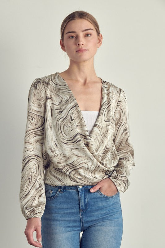 SWIRL PRINT TIE BLOUSE
