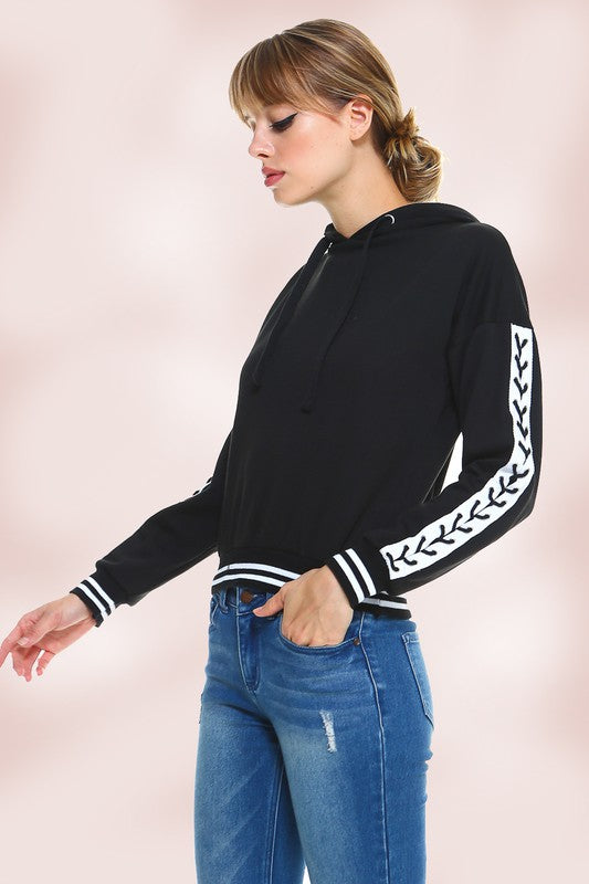 Fleece Lace Up Sleeve Sweatshirt Hoodie Top
