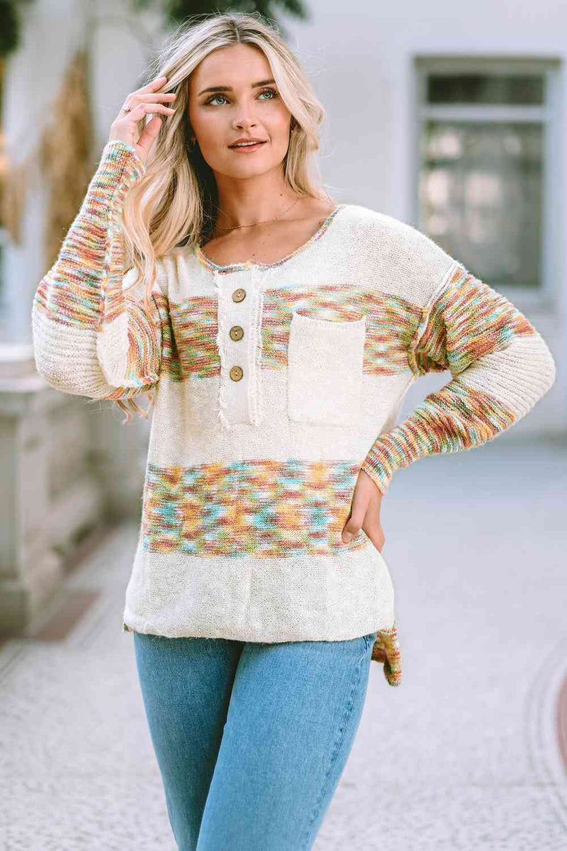 Rainbow Button Dropped Shoulder Sweater