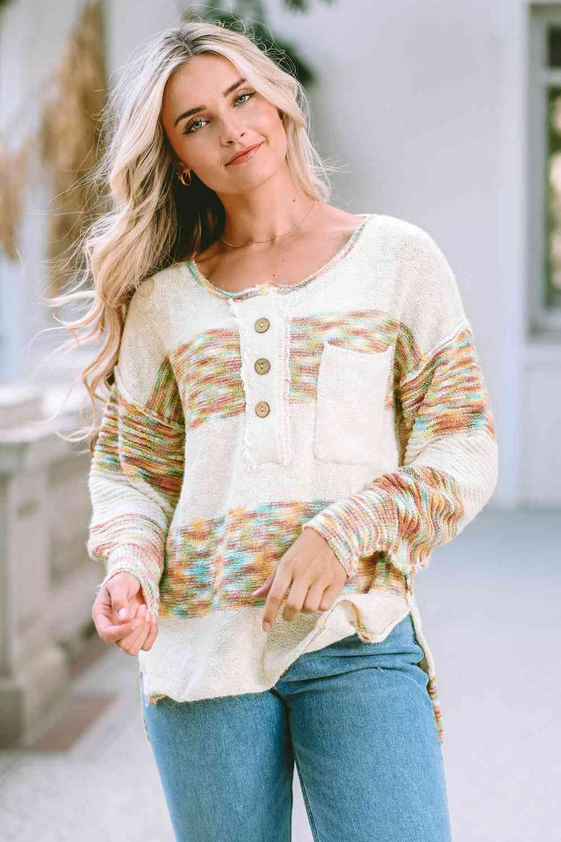 Rainbow Button Dropped Shoulder Sweater