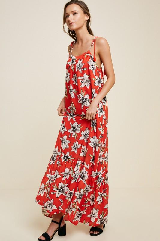FLORAL TIE STRAP ALOHA  MAXI DRESS