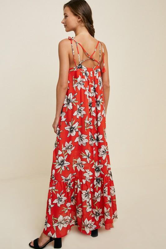 FLORAL TIE STRAP ALOHA  MAXI DRESS