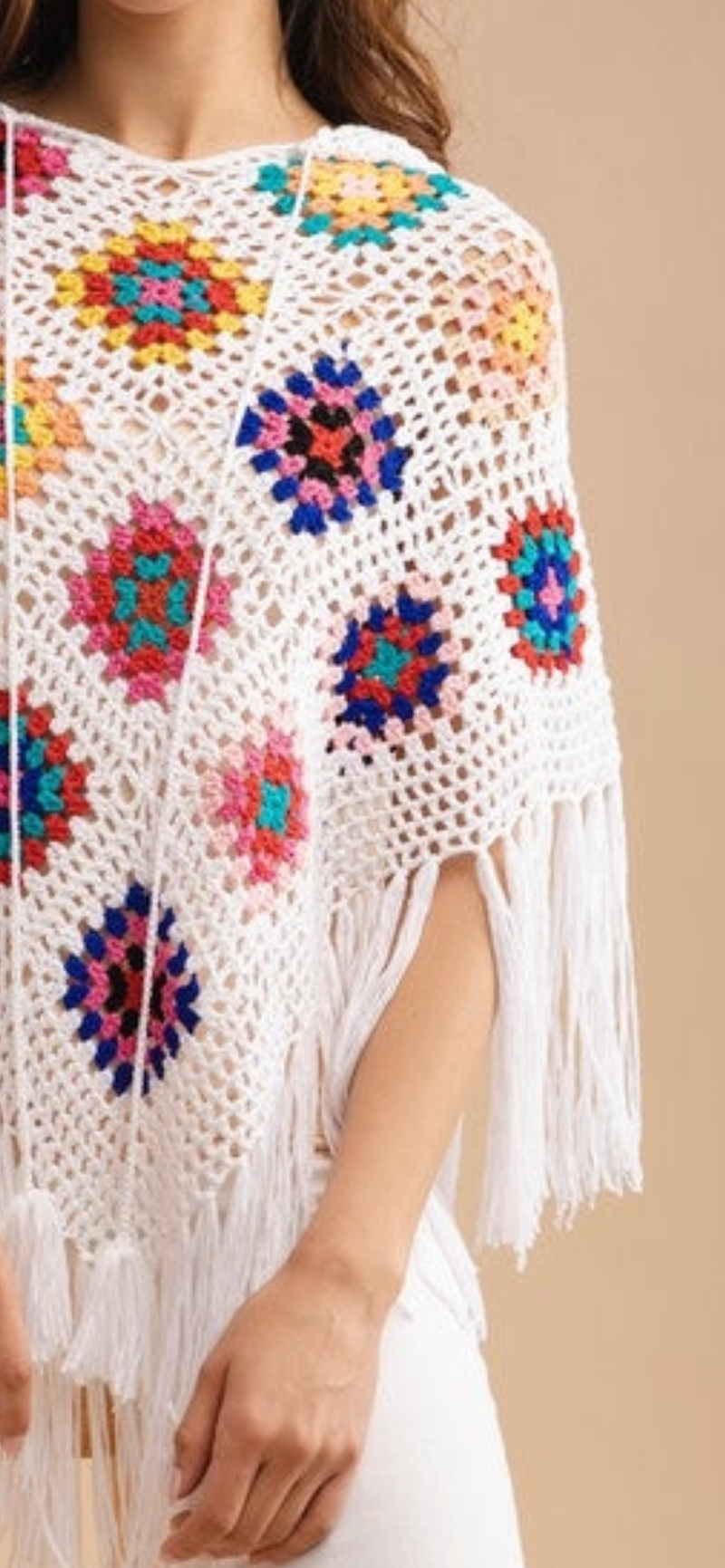 GRANNY SQUARE CROCHET PONCHO WITH FRINGES